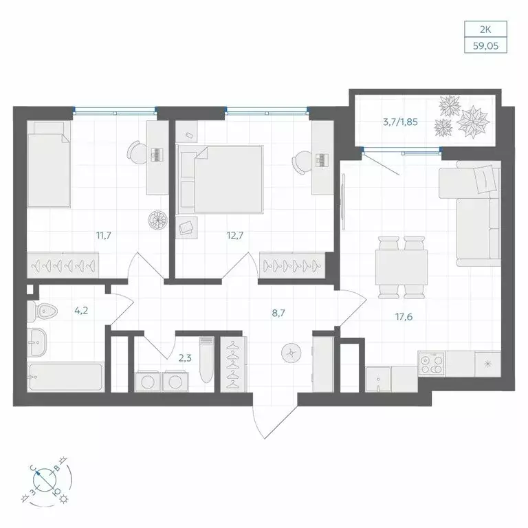 2-комнатная квартира: Челябинск, ЖК Клевер (59.05 м) - Фото 0