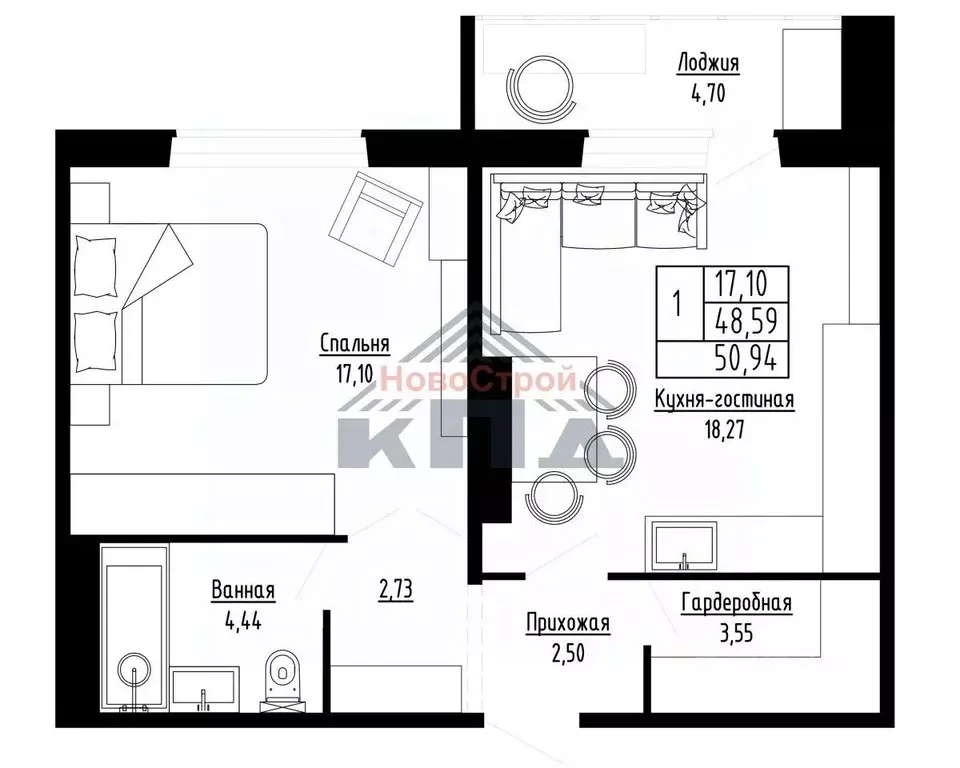 1-к кв. Омская область, Омск ул. Леонида Маслова, 7 (50.94 м) - Фото 1