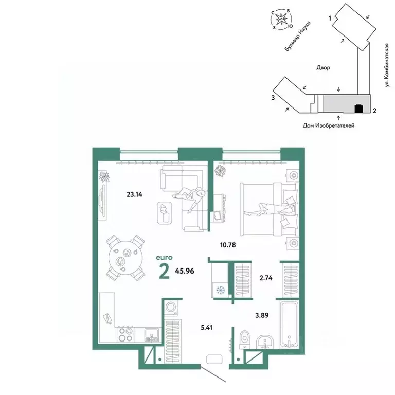 2-к кв. Тюменская область, Тюмень Комбинатская ул., 16к1 (45.96 м) - Фото 0