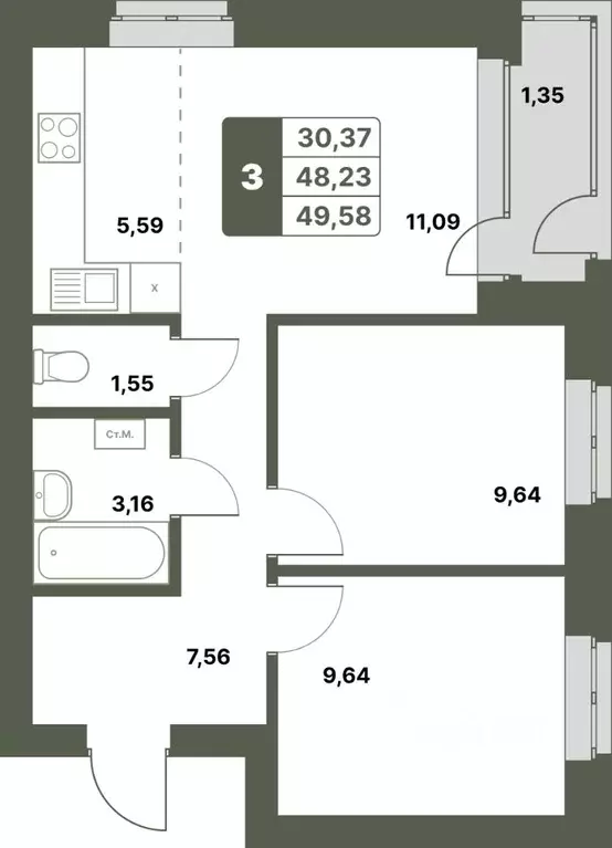 3-к кв. Башкортостан, Уфимский район, с. Миловка  (49.58 м) - Фото 1