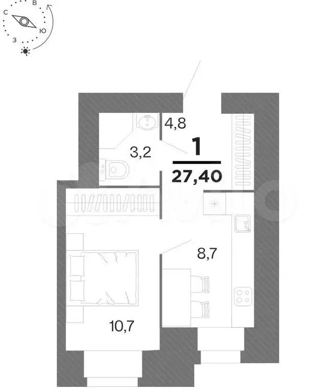 1-к. квартира, 27,4 м, 13/16 эт. - Фото 0