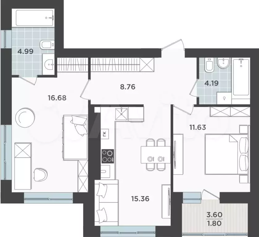 2-к. квартира, 63,4 м, 2/9 эт. - Фото 1