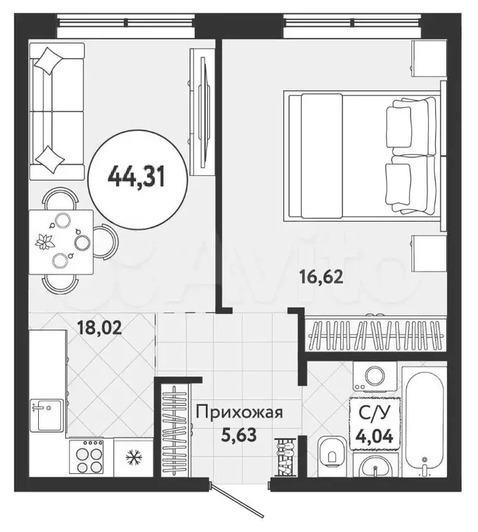 2-к. квартира, 44,3 м, 2/9 эт. - Фото 0