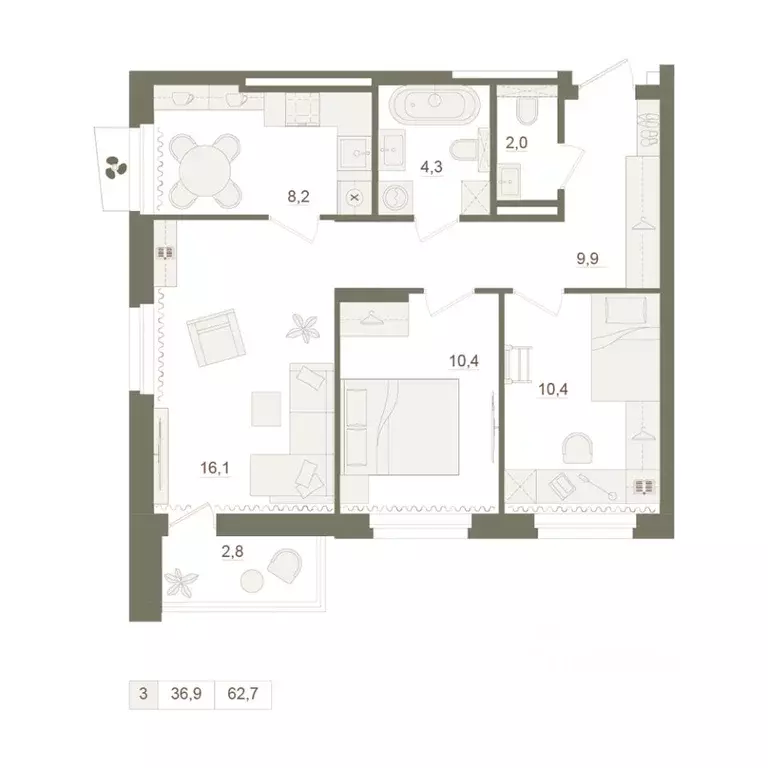 3-к кв. Башкортостан, Уфа Родина Парк жилой комплекс (62.7 м) - Фото 0