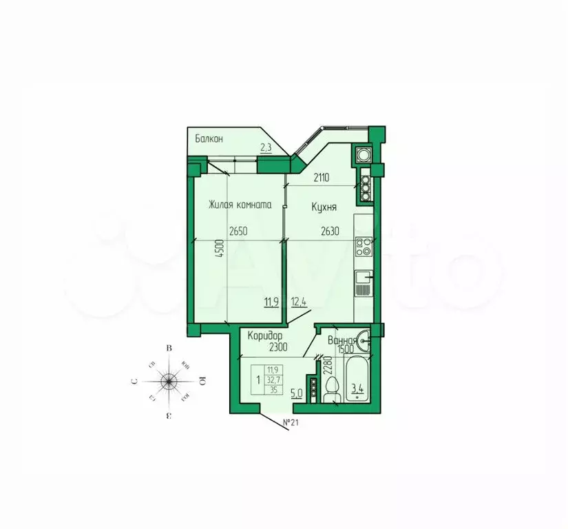 1-к. квартира, 35 м, 3/4 эт. - Фото 1
