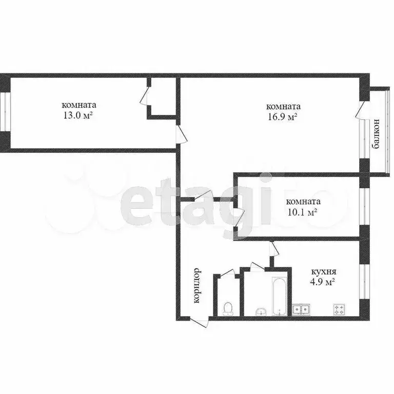 3-к. квартира, 50,6 м, 5/5 эт. - Фото 0