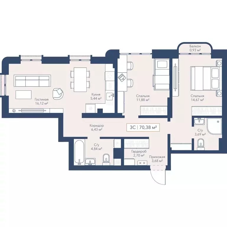 3-комнатная квартира: Новосибирск, улица Кирова, 115 (70.4 м) - Фото 1