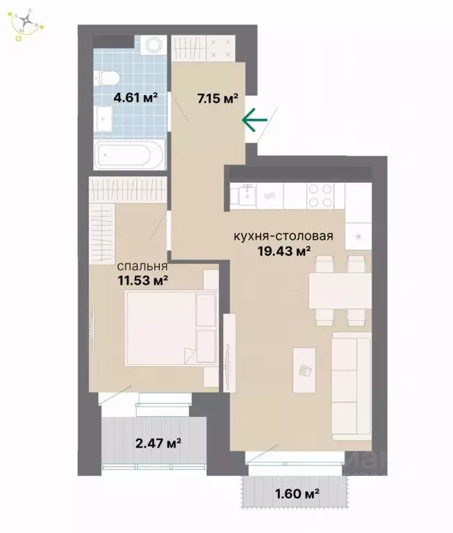 1-к кв. Свердловская область, Екатеринбург Эльмаш жилрайон,  (46.79 м) - Фото 1