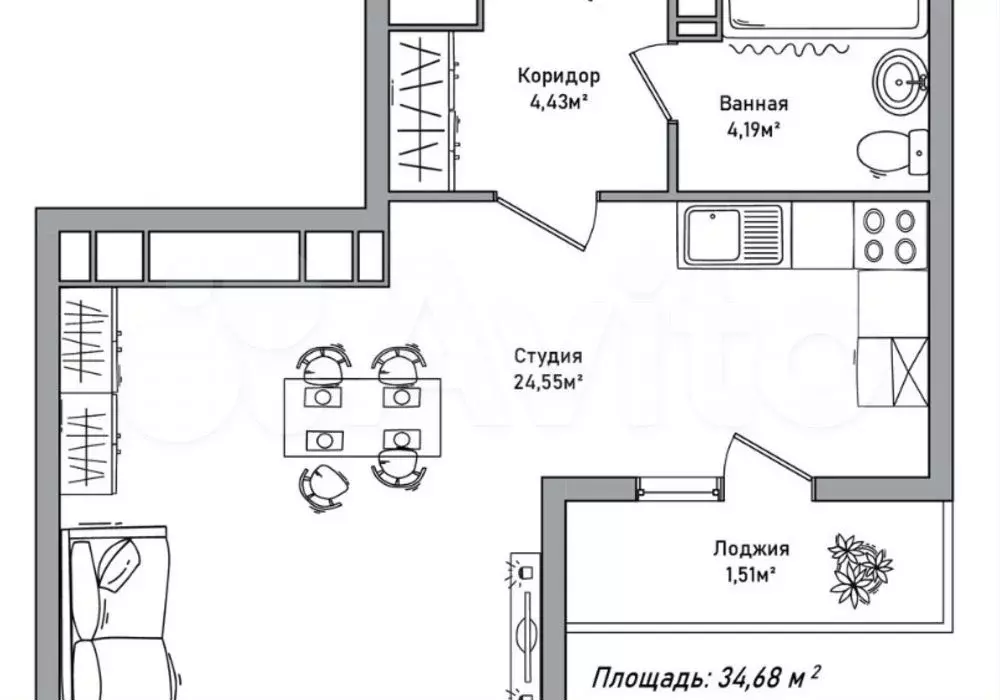 Квартира-студия, 34,9 м, 9/14 эт. - Фото 0