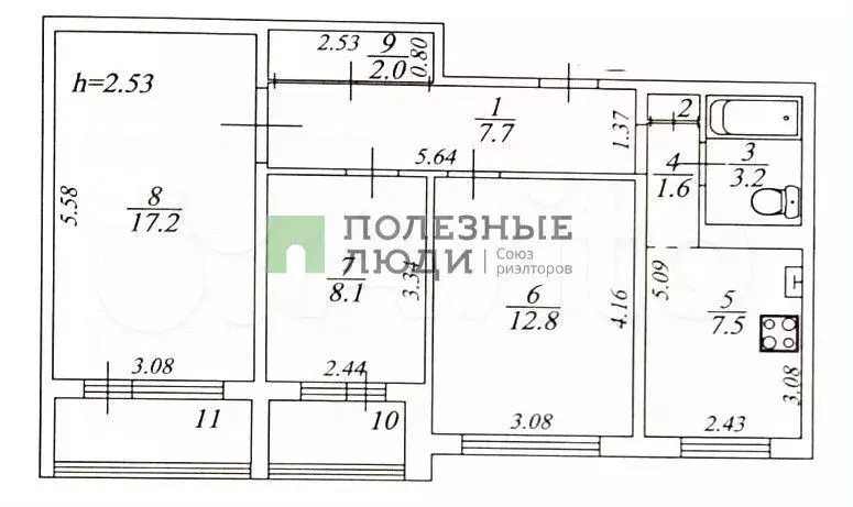 3-к. квартира, 60,4 м, 9/9 эт. - Фото 0
