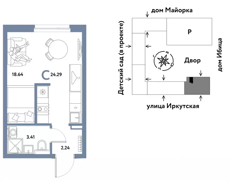 Студия Тюменская область, Тюмень ДОК мкр, ул. Ярославская (24.29 м) - Фото 0