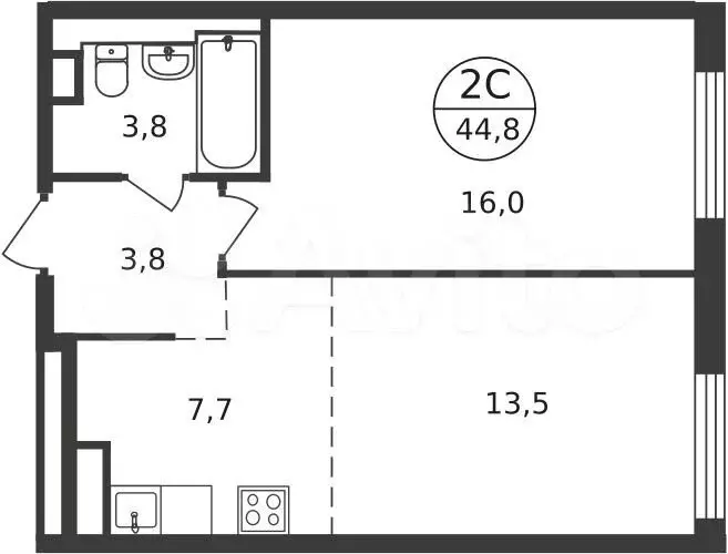 2-к. квартира, 44,8 м, 4/9 эт. - Фото 0