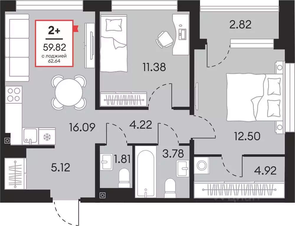 2-к кв. Ханты-Мансийский АО, Сургут 37-й мкр,  (59.82 м) - Фото 1
