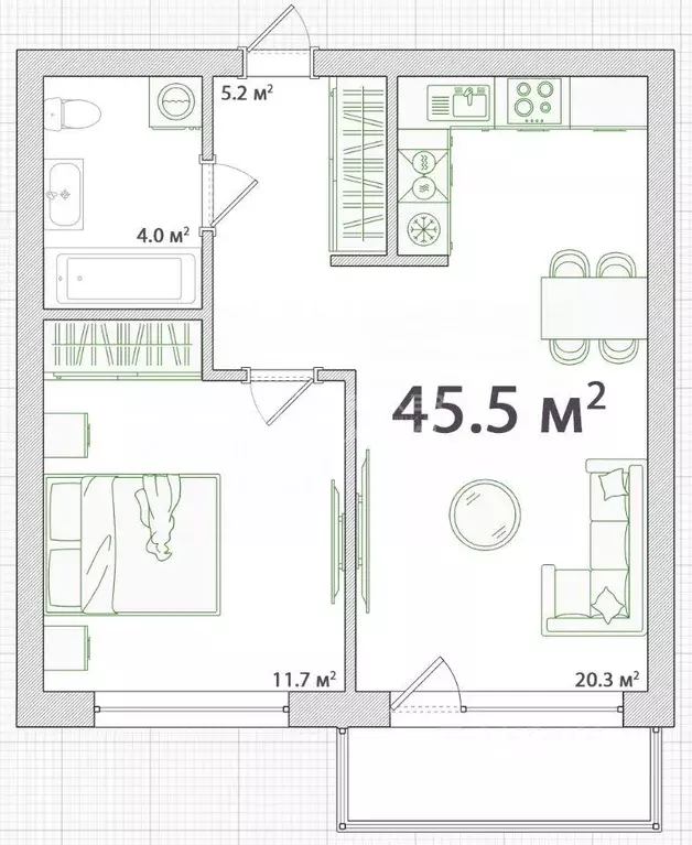 Квартира, 2 комнаты, 45.5 м - Фото 1