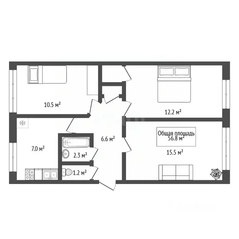 3-к кв. Новосибирская область, Новосибирск Киевская ул., 13 (56.8 м) - Фото 2