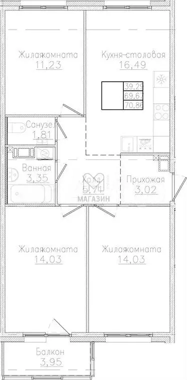 3-к. квартира, 70,9 м, 4/5 эт. - Фото 0