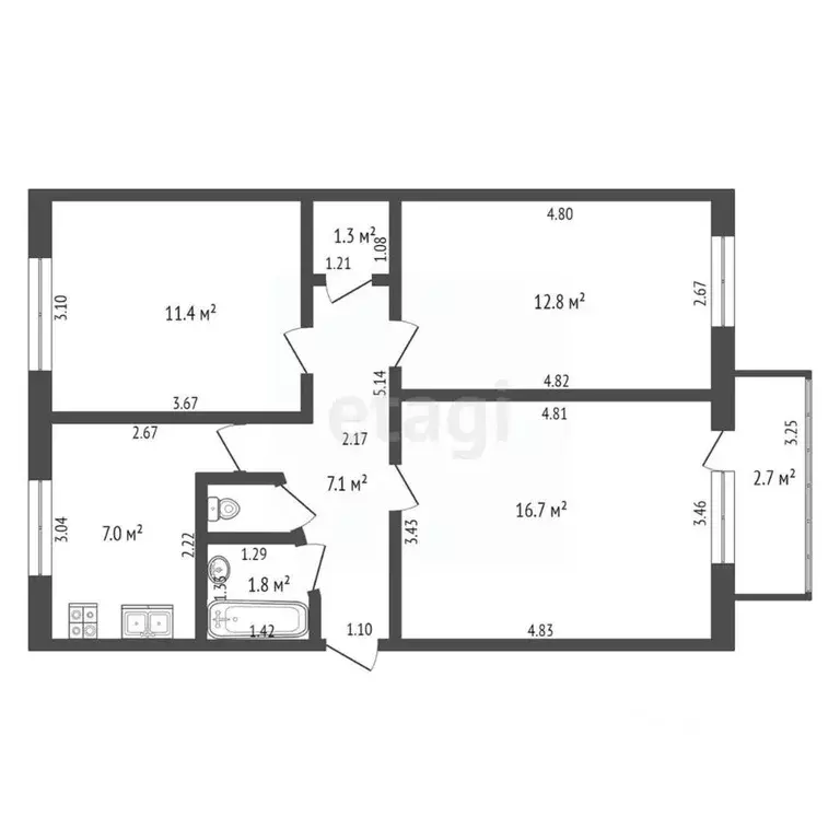 3-к кв. Башкортостан, Стерлитамак Вокзальная ул., 25 (58.9 м) - Фото 1