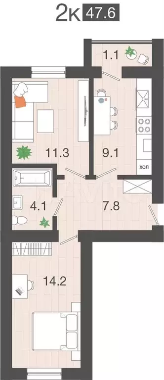 2-к. квартира, 47,6 м, 3/4 эт. - Фото 0