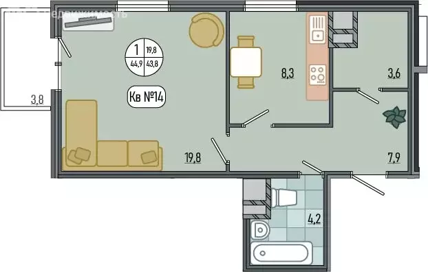 1-комнатная квартира: село Варваровка, улица Калинина, 150к1 (44.47 м) - Фото 1