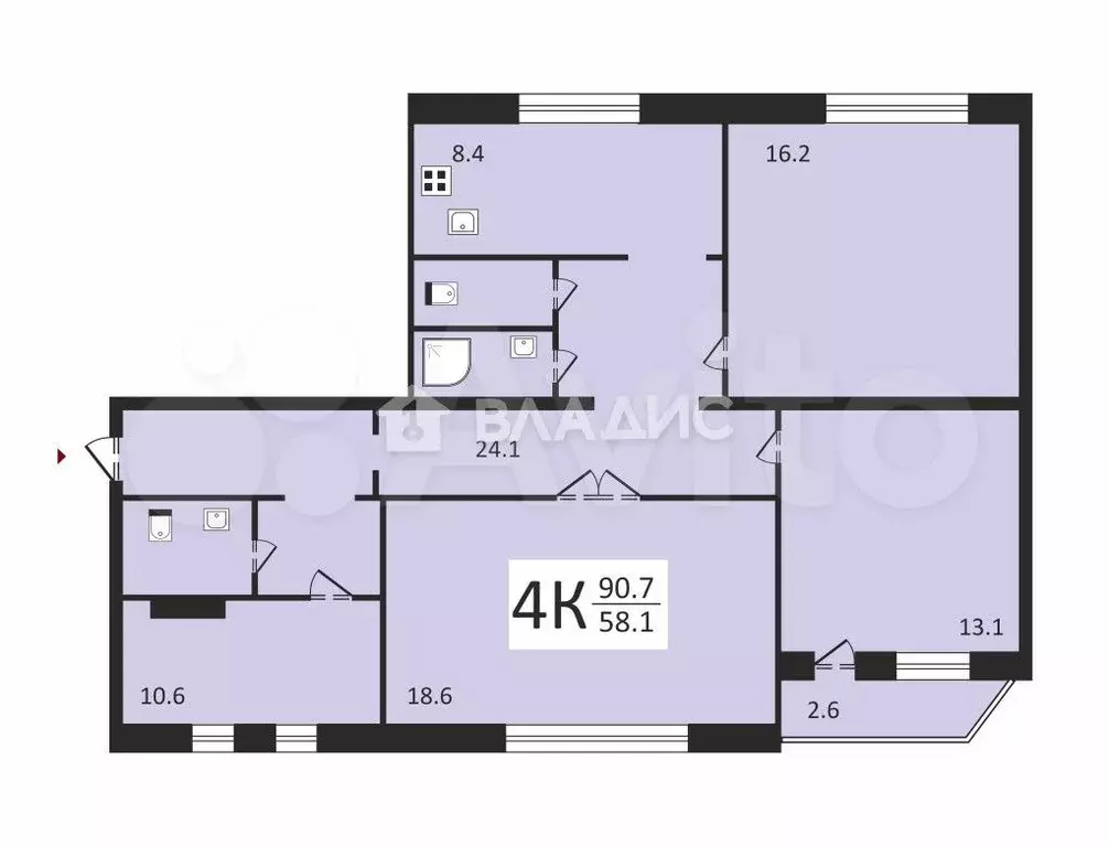 4-к. квартира, 91 м, 4/4 эт. - Фото 0