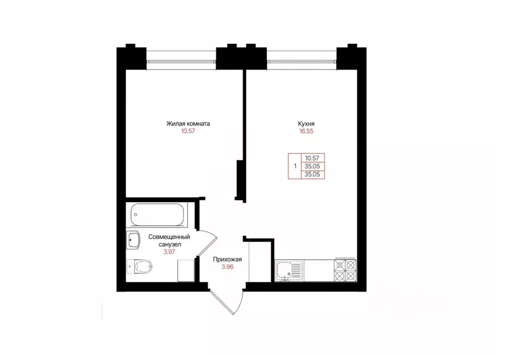 1-к кв. Татарстан, Казань Лето жилой комплекс (35.05 м) - Фото 1