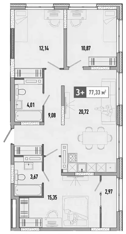 3-к кв. Тюменская область, Тюмень ул. Анатолия Клиндюка, 6 (77.0 м) - Фото 2