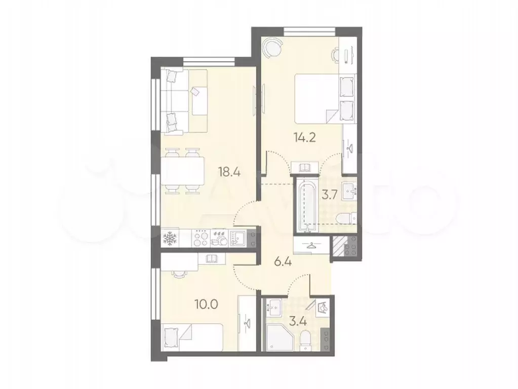 2-к. квартира, 56,1 м, 3/4 эт. - Фото 0