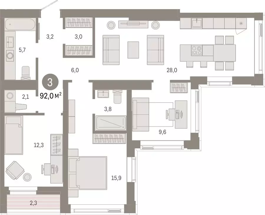 3-комнатная квартира: Тюмень, жилой комплекс Зарека (92.01 м) - Фото 1