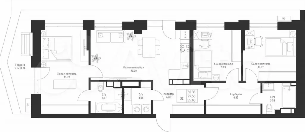 3-к. квартира, 85 м, 5/23 эт. - Фото 0