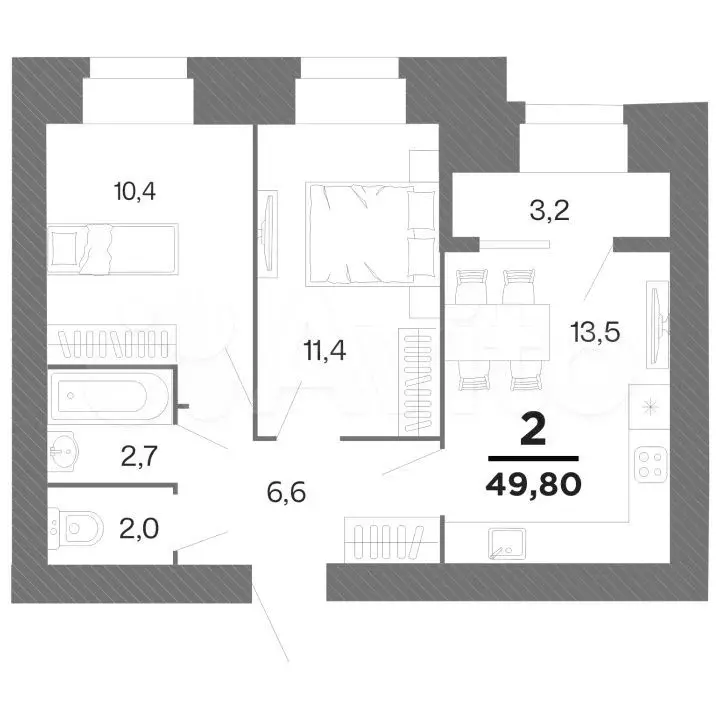 2-к. квартира, 49,8 м, 15/16 эт. - Фото 0