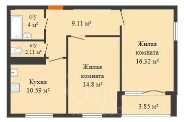 2-к кв. Воронежская область, Воронеж ул. Артамонова, 34Ж (59.0 м) - Фото 0