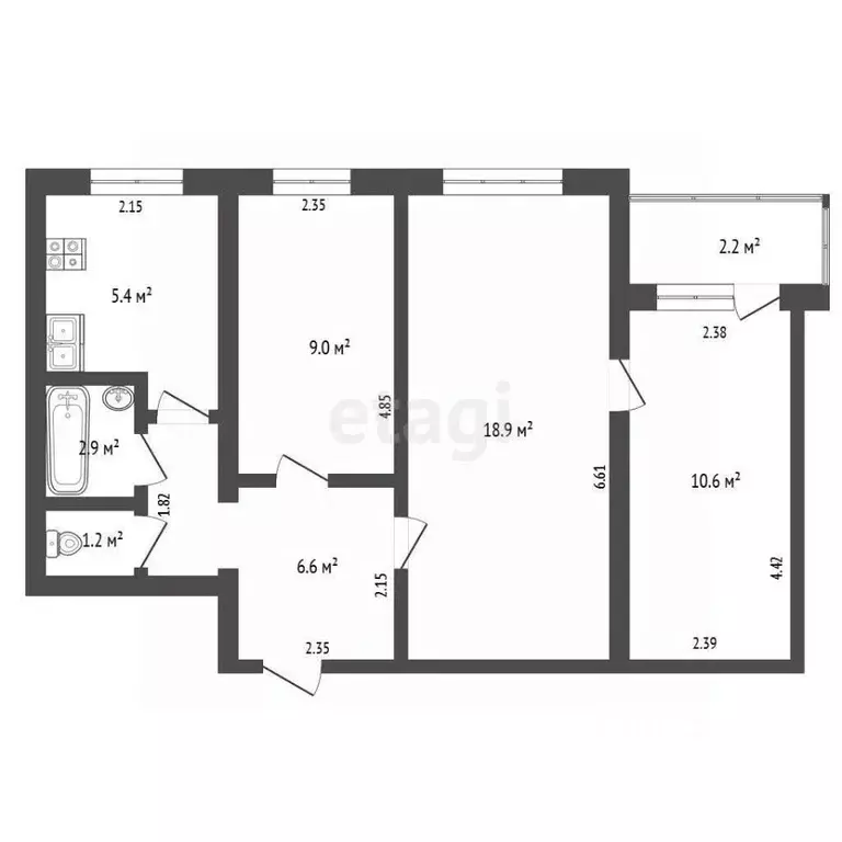 3-к кв. Башкортостан, Стерлитамак Коммунистическая ул., 43 (53.5 м) - Фото 2