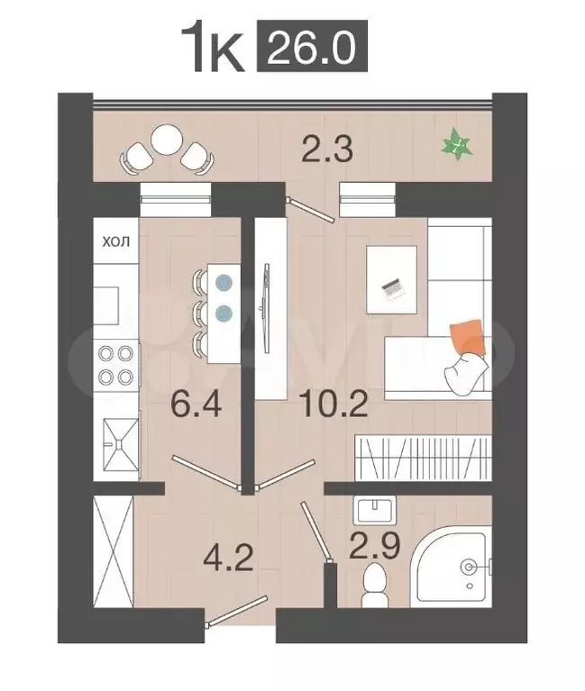 1-к. квартира, 26 м, 2/4 эт. - Фото 1