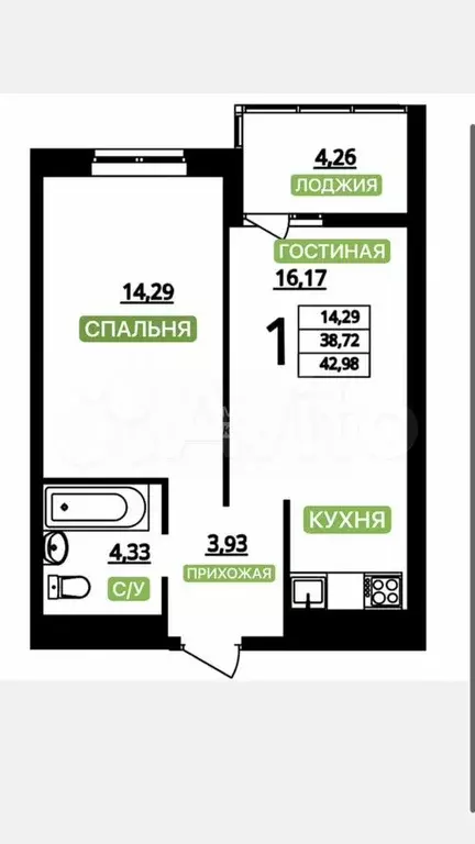 2-к. квартира, 43 м, 5/17 эт. - Фото 0