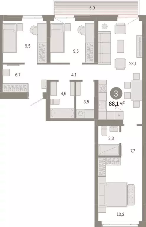 3-комнатная квартира: Тюмень, Ленинский округ (88.09 м) - Фото 1