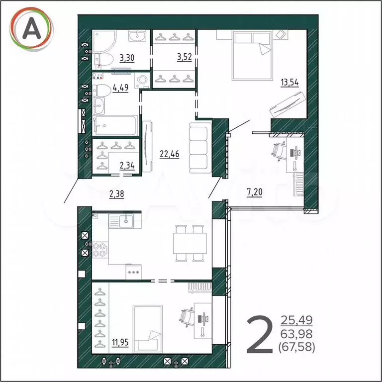 2-к. квартира, 67,6м, 7/9эт. - Фото 1