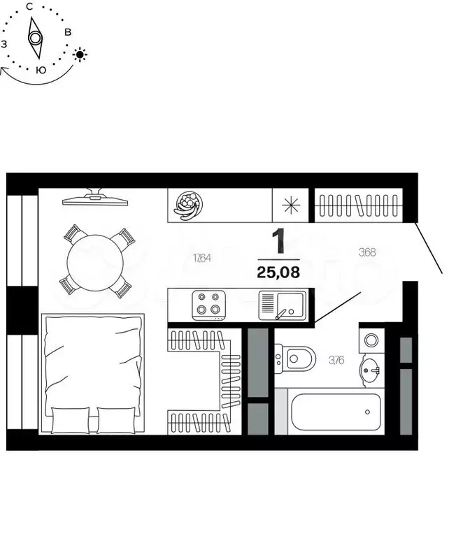 Квартира-студия, 25,1 м, 9/21 эт. - Фото 1