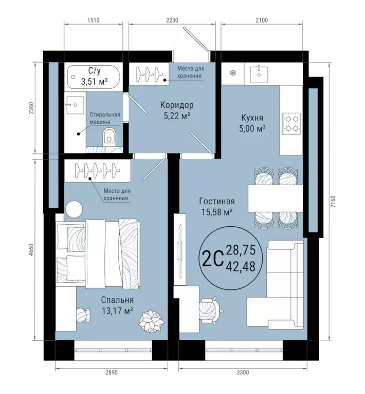 2-к квартира, 42.48 м - Фото 0