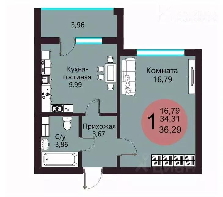 1-к кв. Воронежская область, с. Новая Усмань, Южный мкр  (36.29 м) - Фото 0