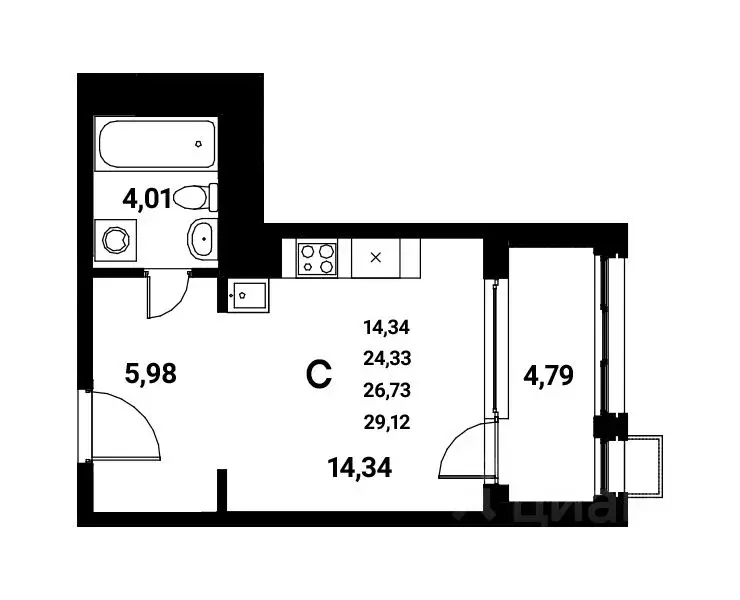Студия Воронежская область, Воронеж наб. Чуева, 7 (26.73 м) - Фото 1