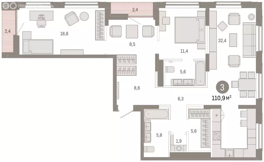 3-комнатная квартира: Тюмень, Краснооктябрьская улица, 4к2 (111.5 м) - Фото 2