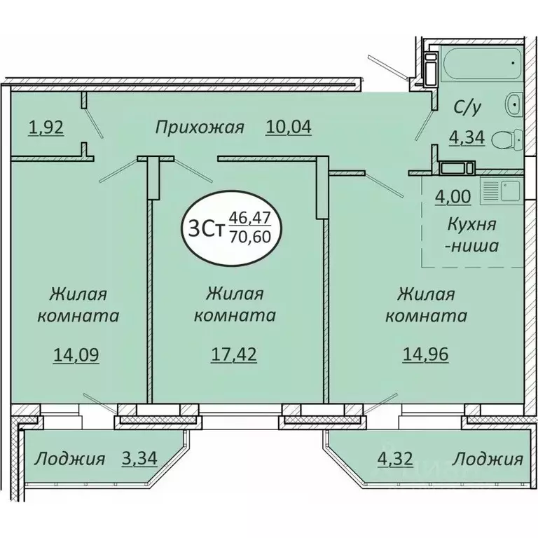 3-к кв. Новосибирская область, Новосибирск  (70.6 м) - Фото 0