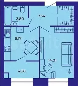 1-к. квартира, 38,6 м, 5/9 эт. - Фото 1