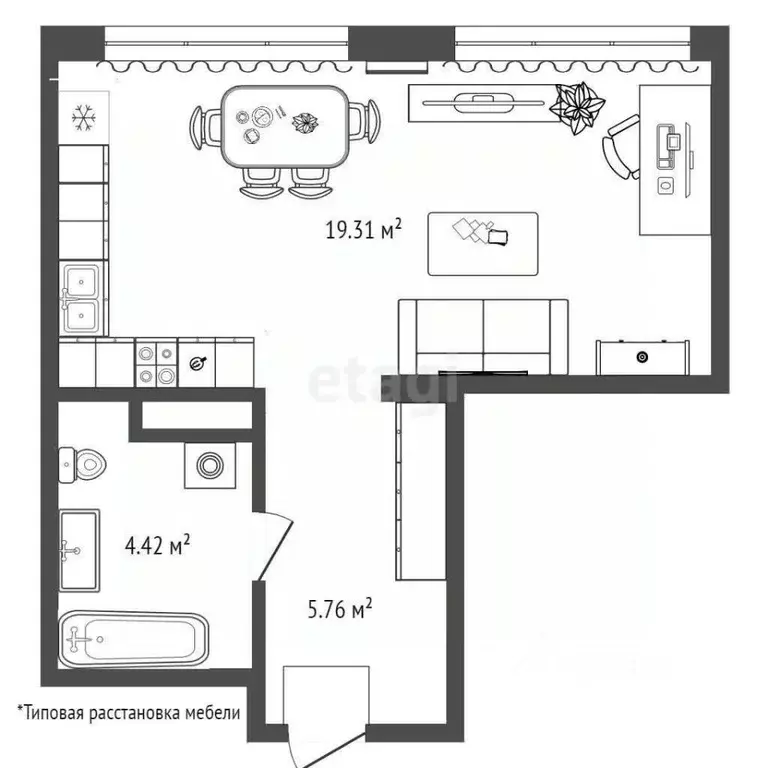 Студия Тюменская область, Тюмень ул. Новоселов, 90 (29.49 м) - Фото 1