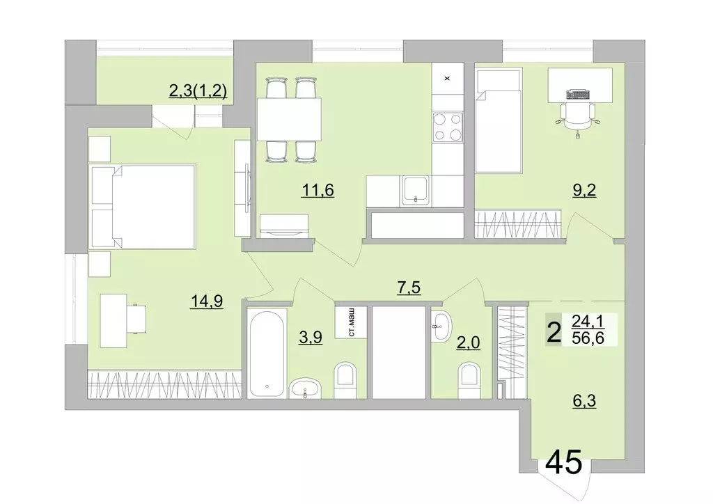 2-комнатная квартира: Екатеринбург, Черкасская улица, 5к3 (56.6 м) - Фото 0