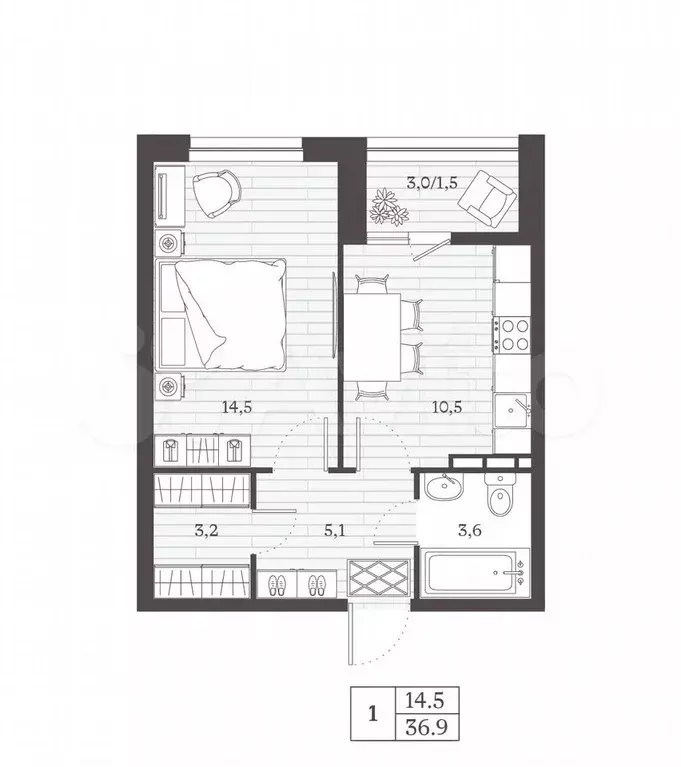 1-к. квартира, 36,9 м, 4/8 эт. - Фото 0