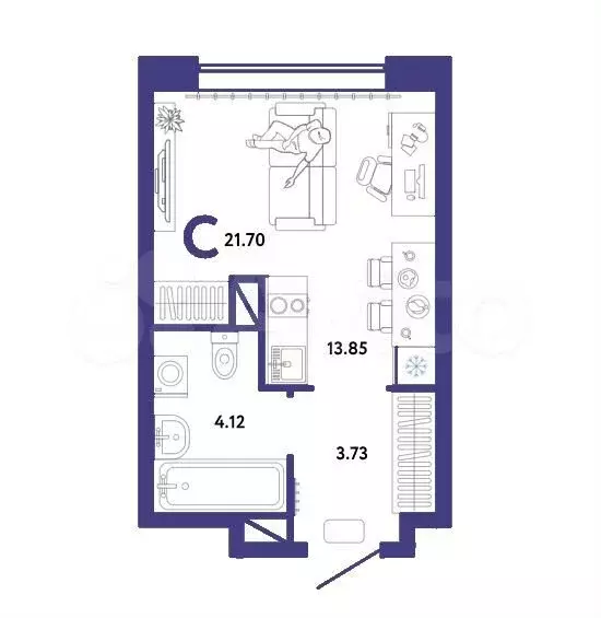 Квартира-студия, 21,7 м, 11/16 эт. - Фото 1
