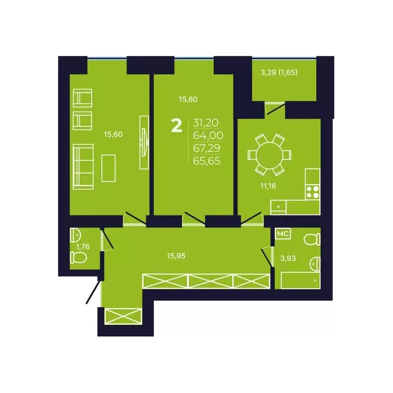 2-комнатная квартира: Уфа, улица Михаила Зайцева, 8 (66.1 м) - Фото 1