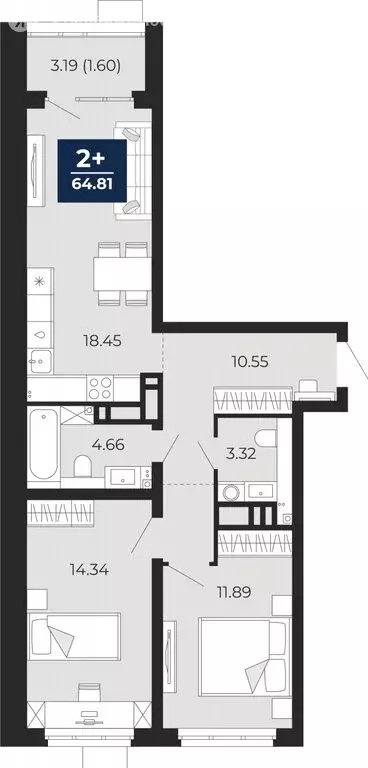 2-комнатная квартира: Тюмень, Арктическая улица, 16 (63.21 м) - Фото 0