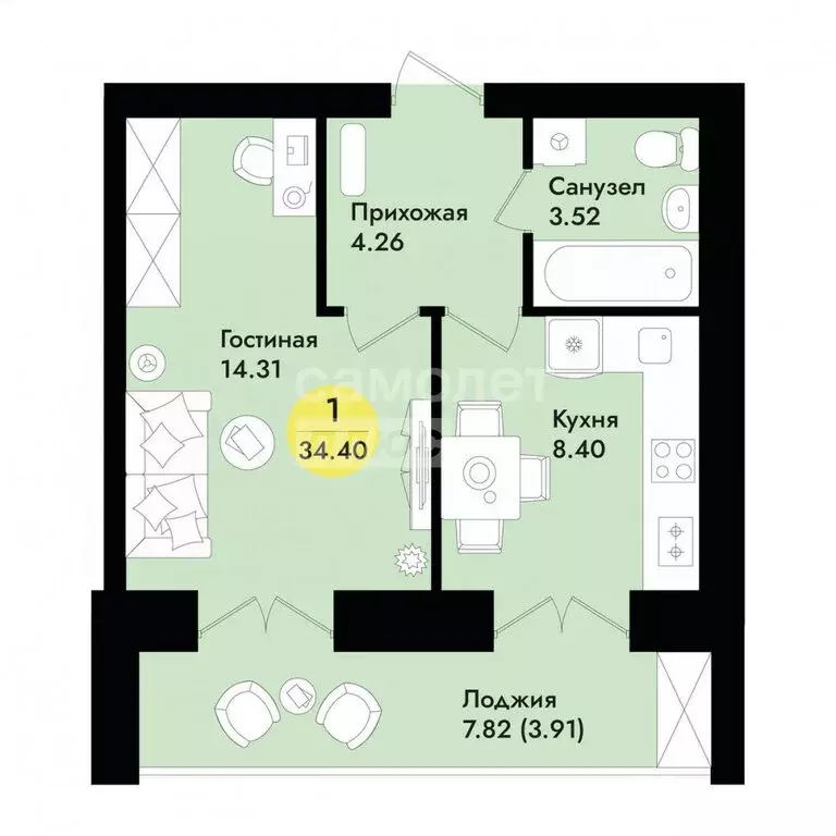 1-комнатная квартира: Йошкар-Ола, ЖК Соловьи (34.4 м) - Фото 1